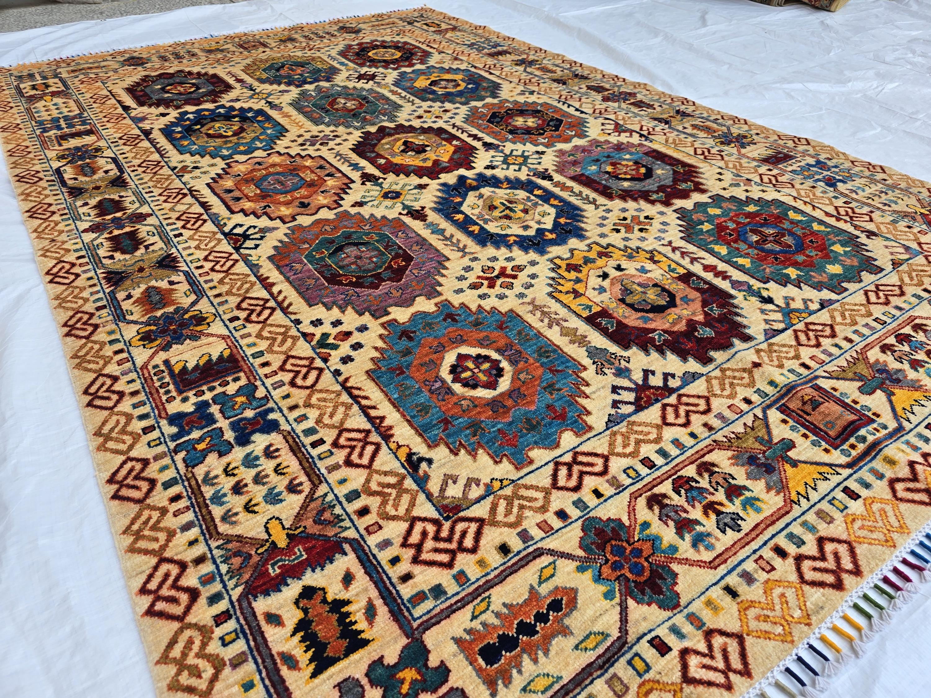 6x8ft Afghan Kazak Rug – Hand-Knotted Wool Area Rug, Tribal Geometric Design, Multicolor Carpet for Living Room or Office, Bedroom Rug