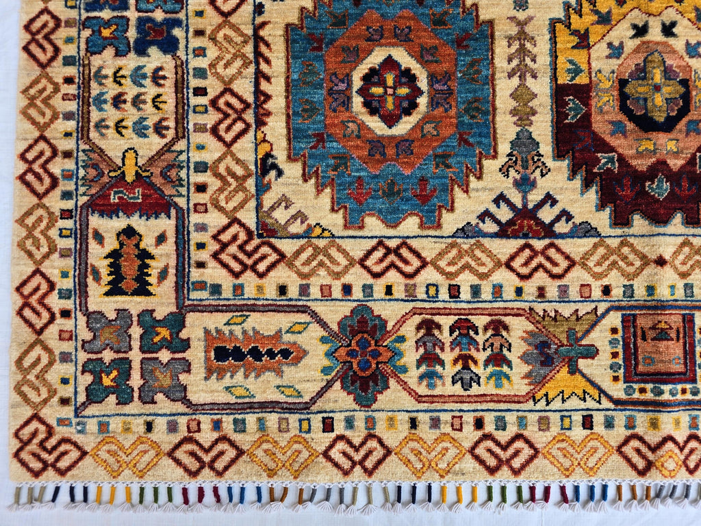 6x8ft Afghan Kazak Rug – Hand-Knotted Wool Area Rug, Tribal Geometric Design, Multicolor Carpet for Living Room or Office, Bedroom Rug