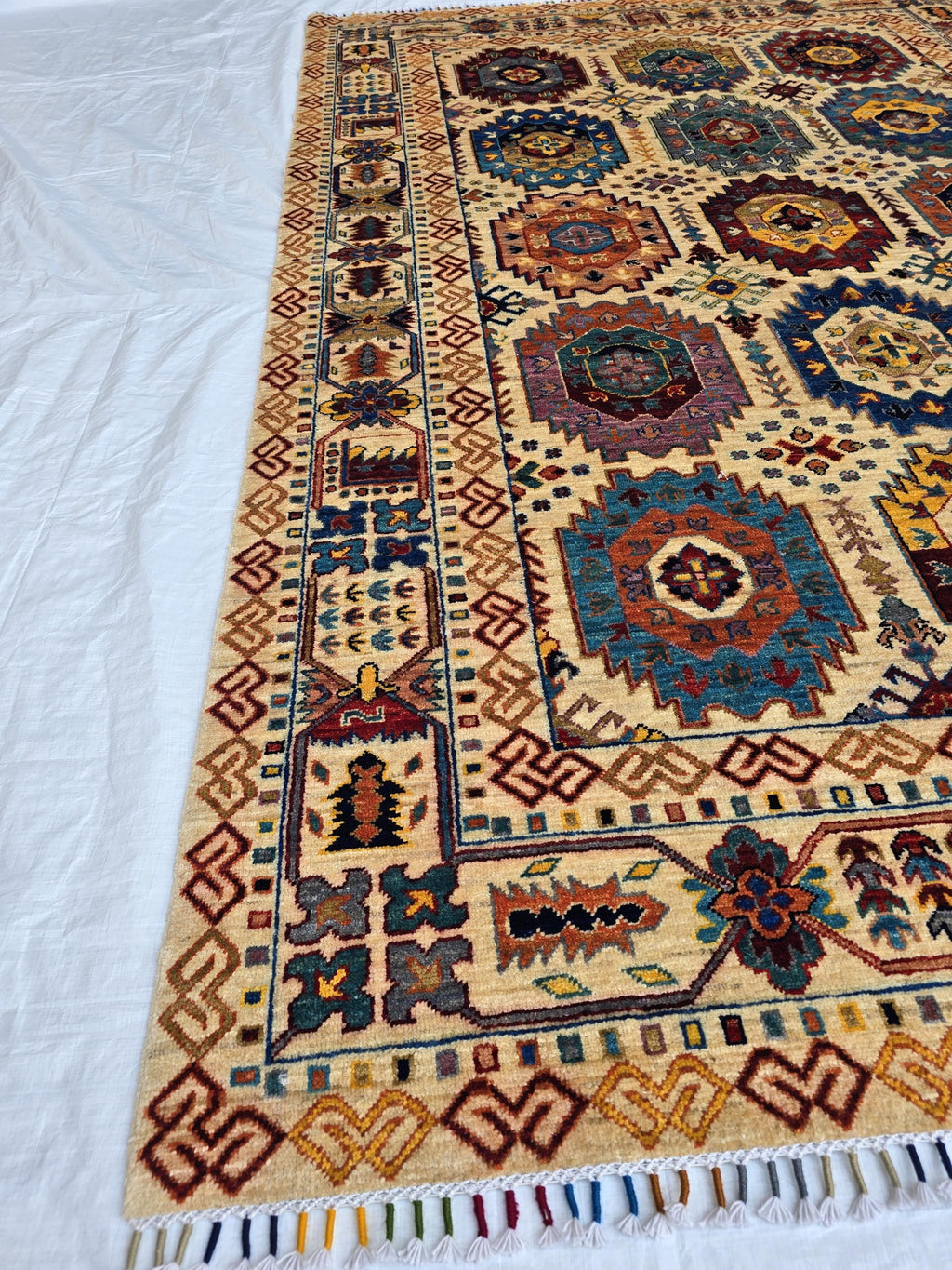 6x8ft Afghan Kazak Rug – Hand-Knotted Wool Area Rug, Tribal Geometric Design, Multicolor Carpet for Living Room or Office, Bedroom Rug