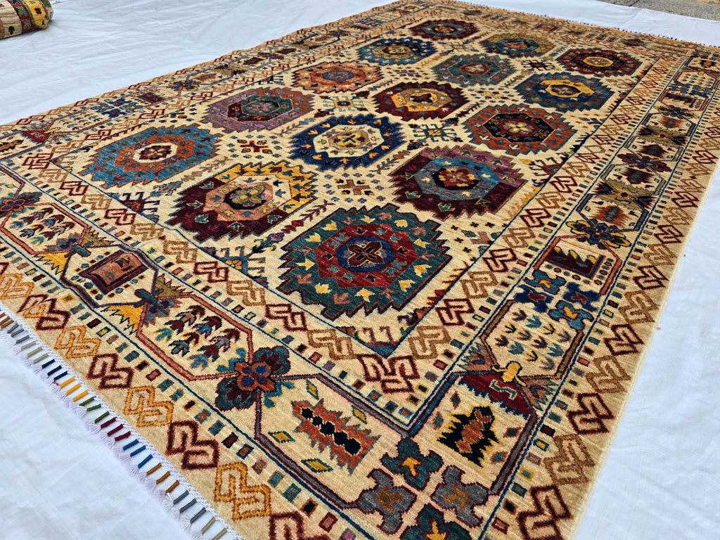6x8ft Afghan Kazak Rug – Hand-Knotted Wool Area Rug, Tribal Geometric Design, Multicolor Carpet for Living Room or Office, Bedroom Rug