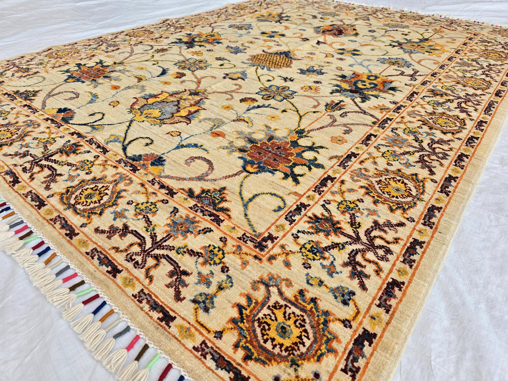 5x7ft Cream Floral Handmade Afghan Rug – Traditional Wool Area Carpet –Turkmen Oriental Design, Decorative Boho Living Room Rug, Bedroom Rug