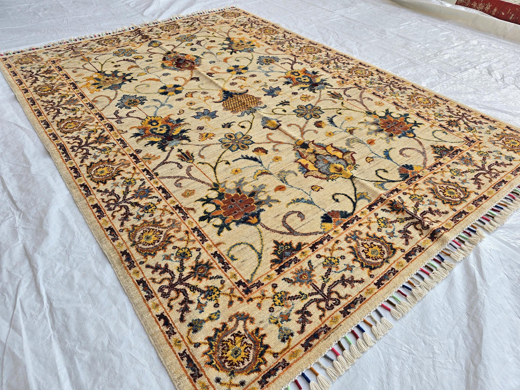 5x7ft Cream Floral Handmade Afghan Rug – Traditional Wool Area Carpet –Turkmen Oriental Design, Decorative Boho Living Room Rug, Bedroom Rug