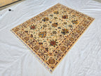 5x7ft Cream Floral Handmade Afghan Rug – Traditional Wool Area Carpet –Turkmen Oriental Design, Decorative Boho Living Room Rug, Bedroom Rug