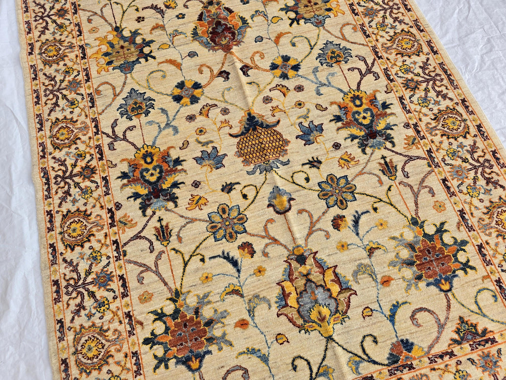 5x7ft Cream Floral Handmade Afghan Rug – Traditional Wool Area Carpet –Turkmen Oriental Design, Decorative Boho Living Room Rug, Bedroom Rug