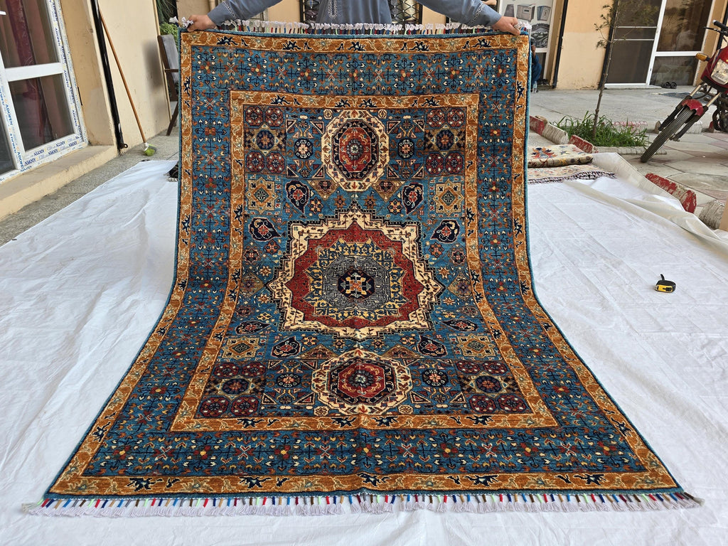 5x7 Blue Mamluk Rug– Handmade Wool Afghan Area Carpet – Traditional Geometric Oriental Design – Tribal Floor Rug Bedroom Rug 206x149 cm