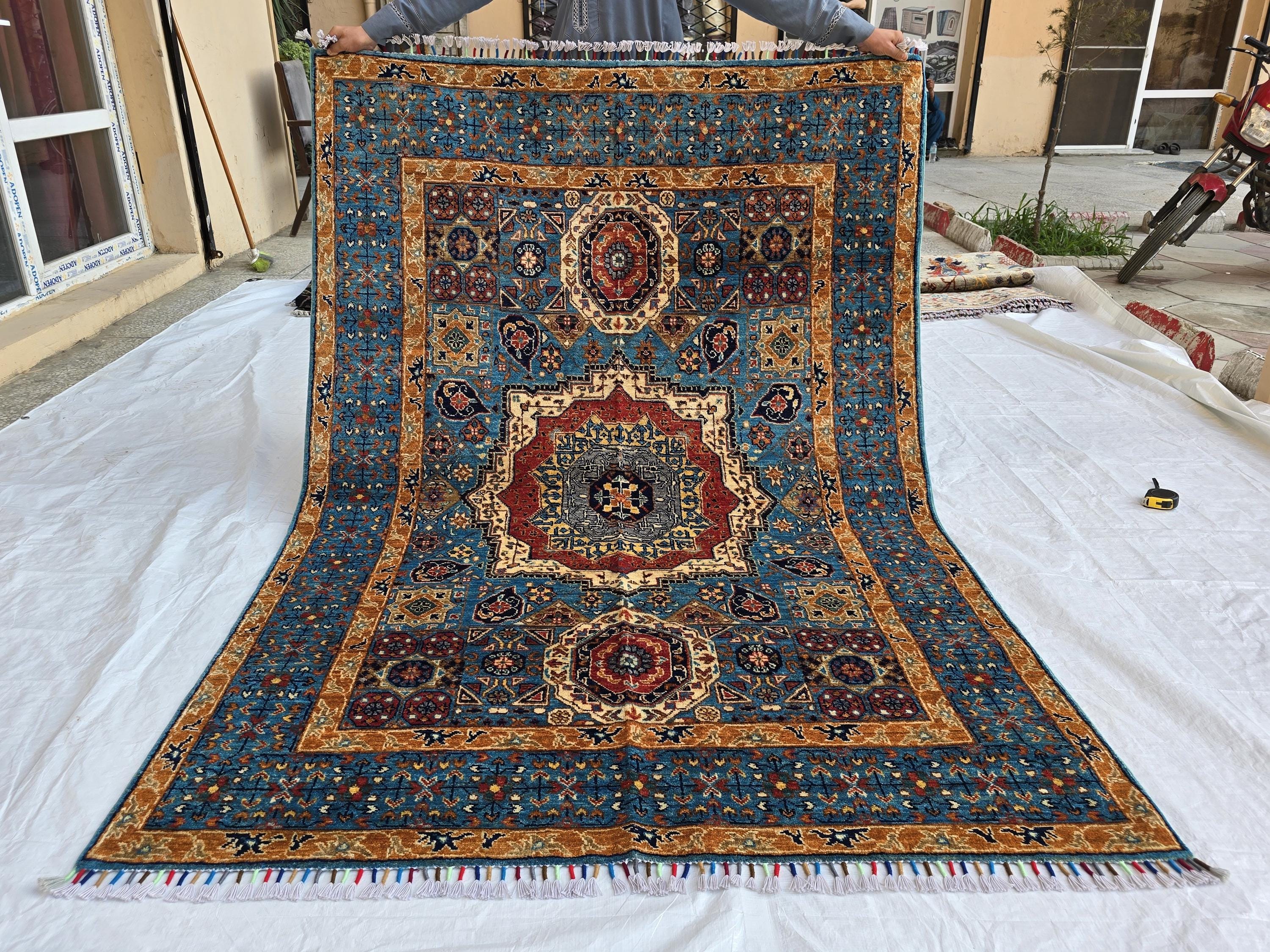 5x7 Blue Mamluk Rug– Handmade Wool Afghan Area Carpet – Traditional Geometric Oriental Design – Tribal Floor Rug Bedroom Rug 206x149 cm