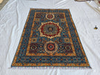 5x7 Blue Mamluk Rug– Handmade Wool Afghan Area Carpet – Traditional Geometric Oriental Design – Tribal Floor Rug Bedroom Rug 206x149 cm