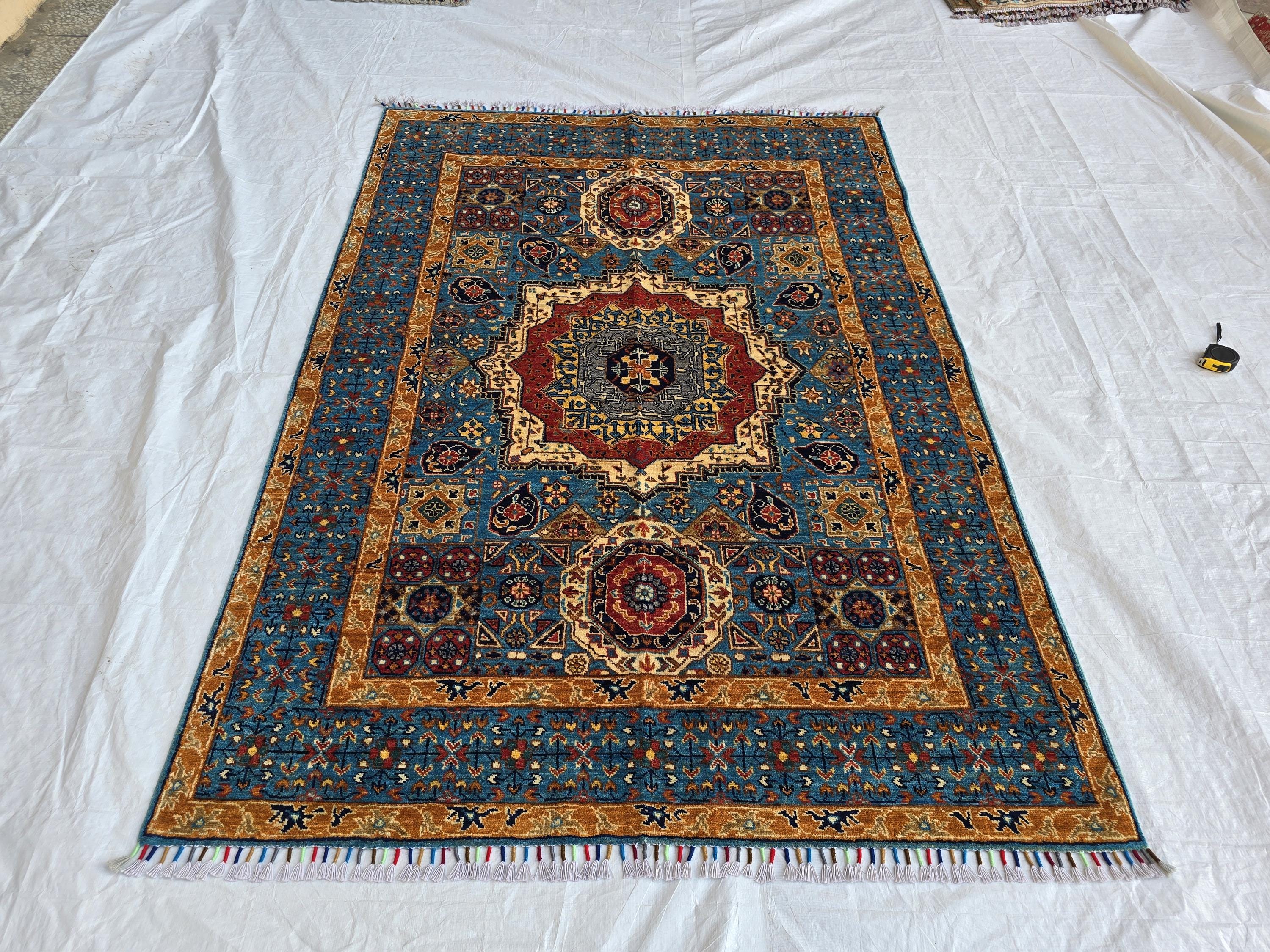 5x7 Blue Mamluk Rug– Handmade Wool Afghan Area Carpet – Traditional Geometric Oriental Design – Tribal Floor Rug Bedroom Rug 206x149 cm