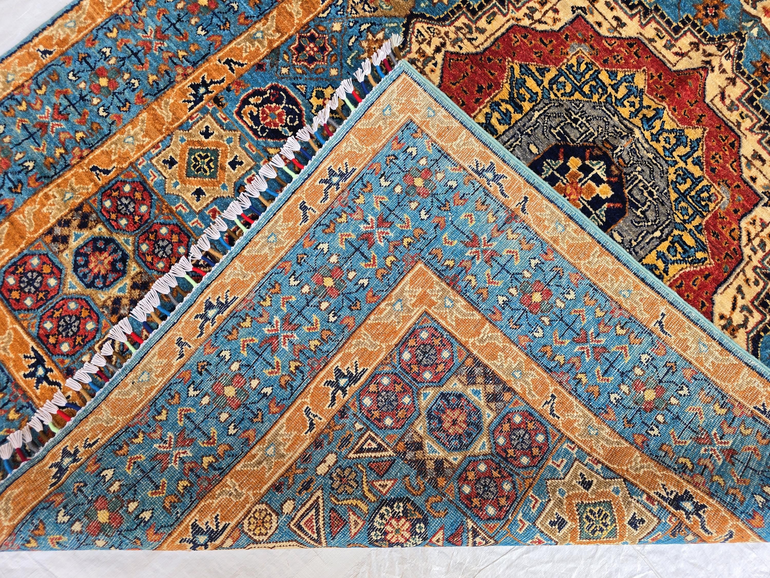 5x7 Blue Mamluk Rug– Handmade Wool Afghan Area Carpet – Traditional Geometric Oriental Design – Tribal Floor Rug Bedroom Rug 206x149 cm