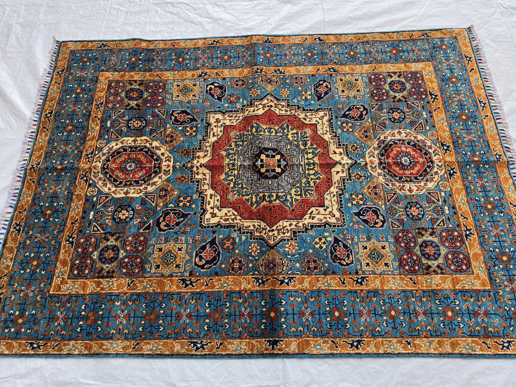 5x7 Blue Mamluk Rug– Handmade Wool Afghan Area Carpet – Traditional Geometric Oriental Design – Tribal Floor Rug Bedroom Rug 206x149 cm