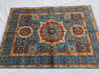 5x7 Blue Mamluk Rug– Handmade Wool Afghan Area Carpet – Traditional Geometric Oriental Design – Tribal Floor Rug Bedroom Rug 206x149 cm