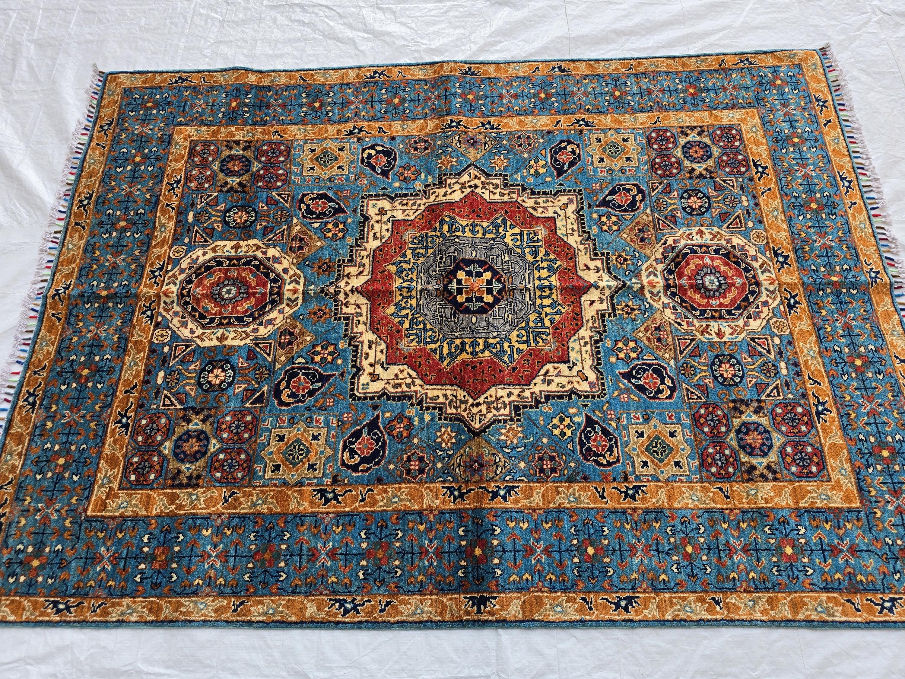 5x7 Blue Mamluk Rug– Handmade Wool Afghan Area Carpet – Traditional Geometric Oriental Design – Tribal Floor Rug Bedroom Rug 206x149 cm