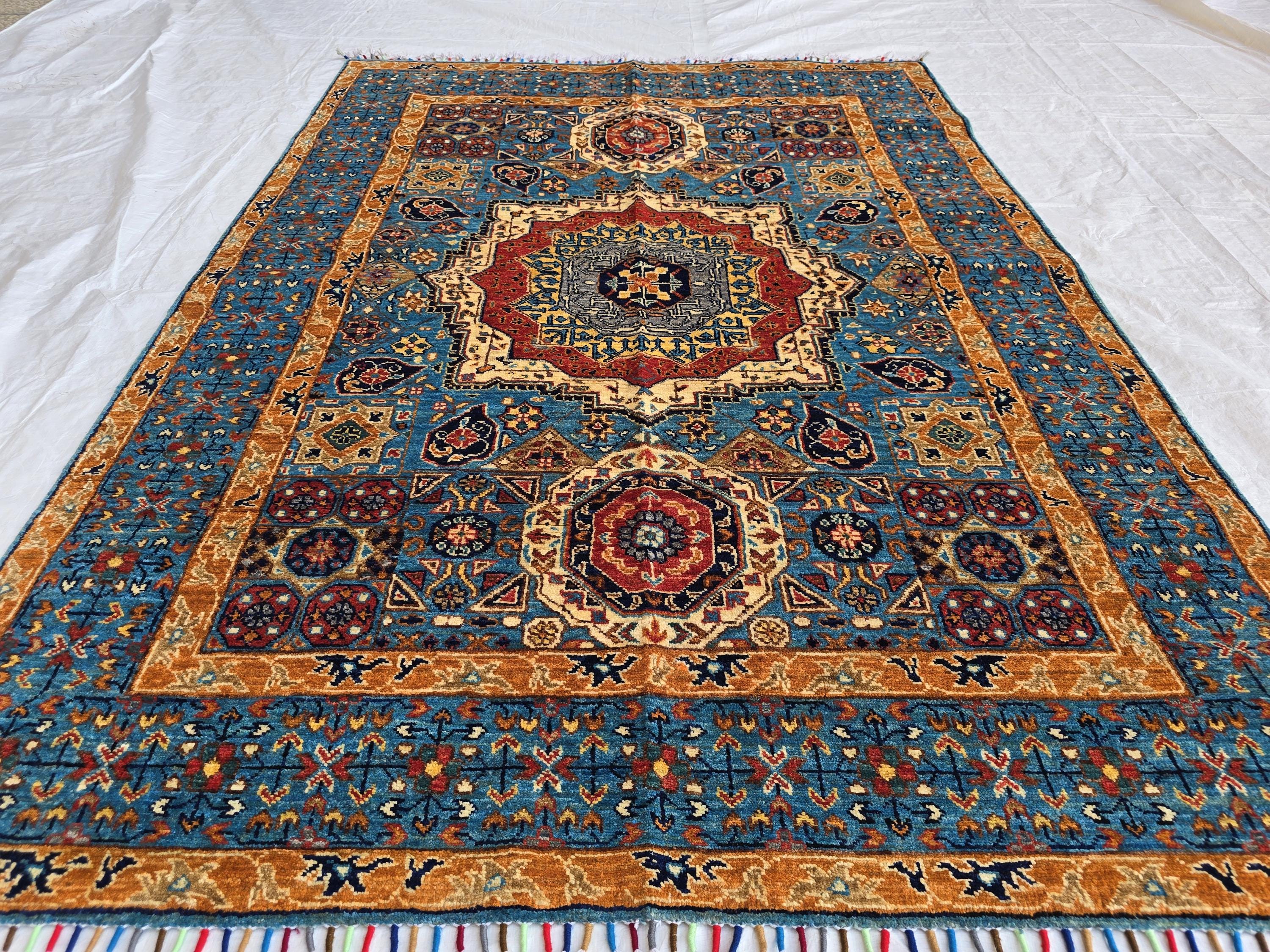 5x7 Blue Mamluk Rug– Handmade Wool Afghan Area Carpet – Traditional Geometric Oriental Design – Tribal Floor Rug Bedroom Rug 206x149 cm