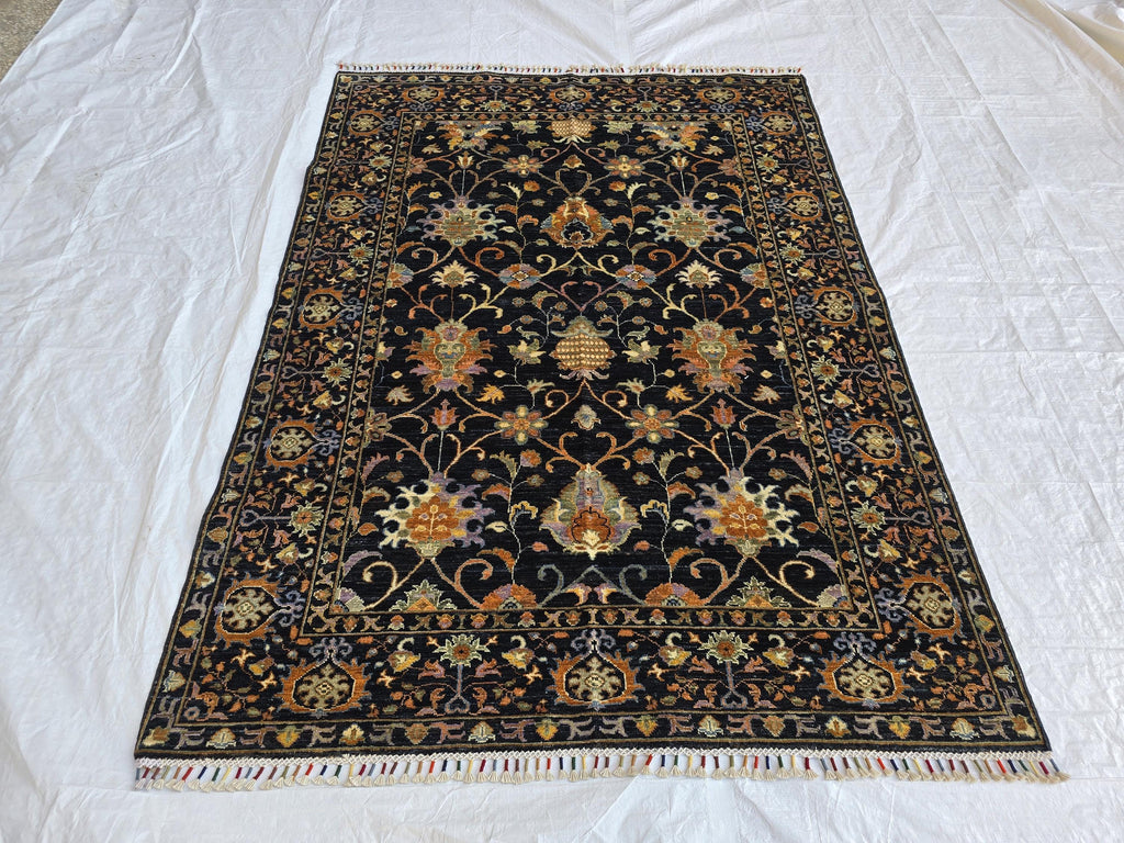 5x7ft Black Floral Afghan Rug – Handmade Wool Area Carpet – Botanical Design – Traditional Oriental Floor Rug – Boho Home Decor, Bedroom Rug