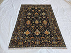 5x7ft Black Floral Afghan Rug – Handmade Wool Area Carpet – Botanical Design – Traditional Oriental Floor Rug – Boho Home Decor, Bedroom Rug