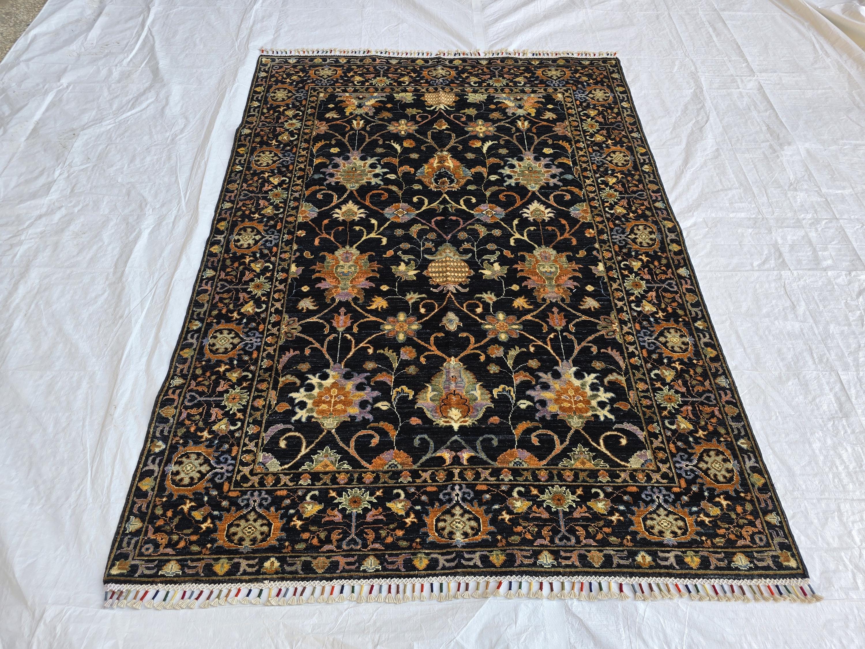 5x7ft Black Floral Afghan Rug – Handmade Wool Area Carpet – Botanical Design – Traditional Oriental Floor Rug – Boho Home Decor, Bedroom Rug