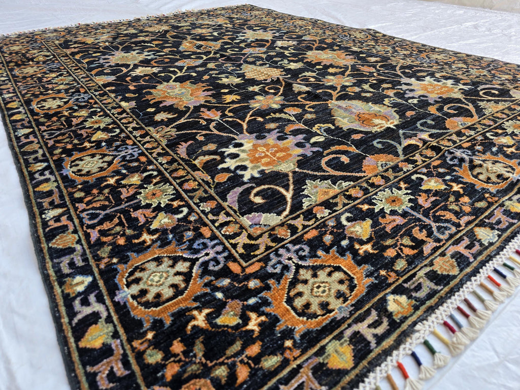 5x7ft Black Floral Afghan Rug – Handmade Wool Area Carpet – Botanical Design – Traditional Oriental Floor Rug – Boho Home Decor, Bedroom Rug
