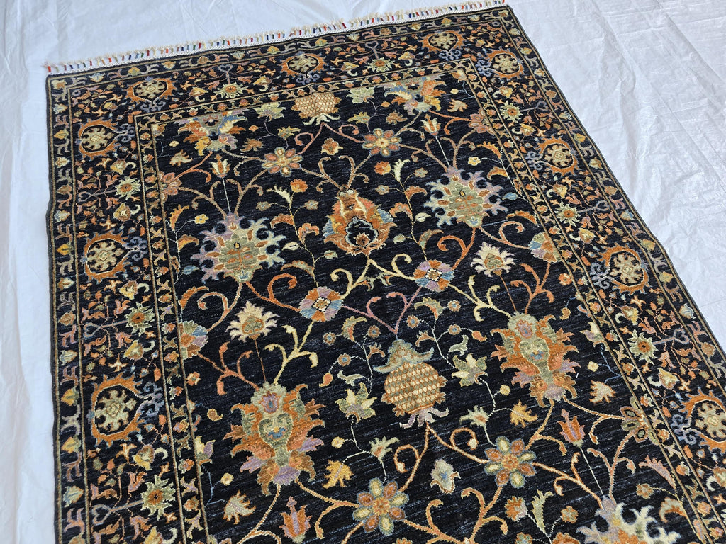 5x7ft Black Floral Afghan Rug – Handmade Wool Area Carpet – Botanical Design – Traditional Oriental Floor Rug – Boho Home Decor, Bedroom Rug
