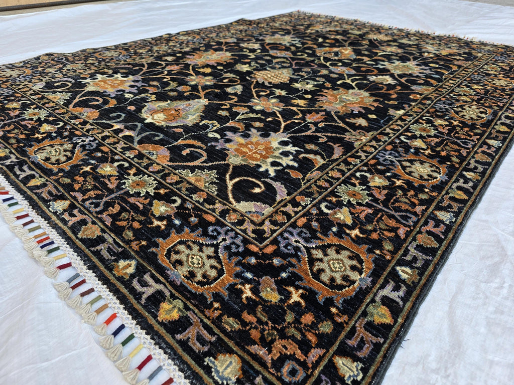 5x7ft Black Floral Afghan Rug – Handmade Wool Area Carpet – Botanical Design – Traditional Oriental Floor Rug – Boho Home Decor, Bedroom Rug