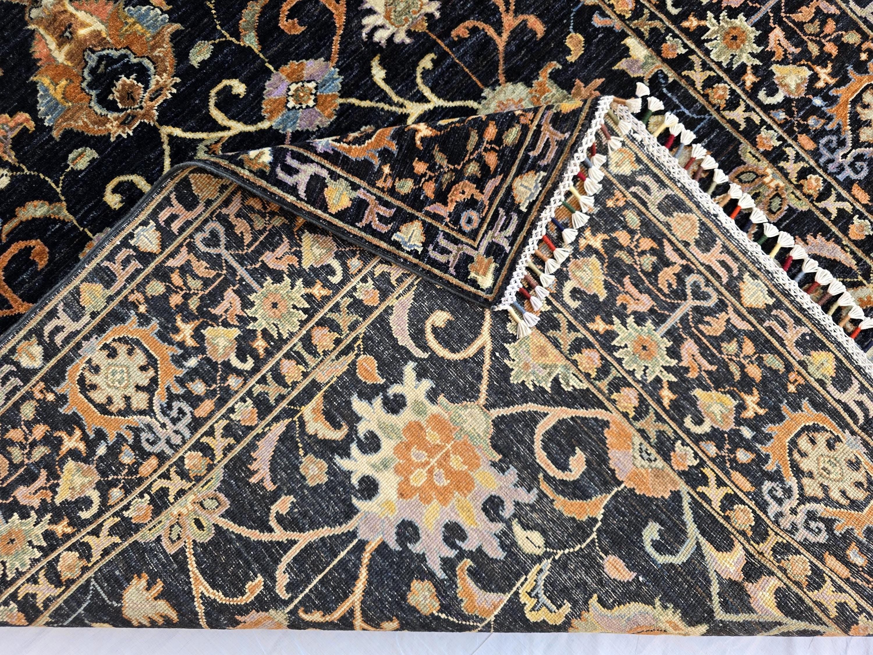 5x7ft Black Floral Afghan Rug – Handmade Wool Area Carpet – Botanical Design – Traditional Oriental Floor Rug – Boho Home Decor, Bedroom Rug