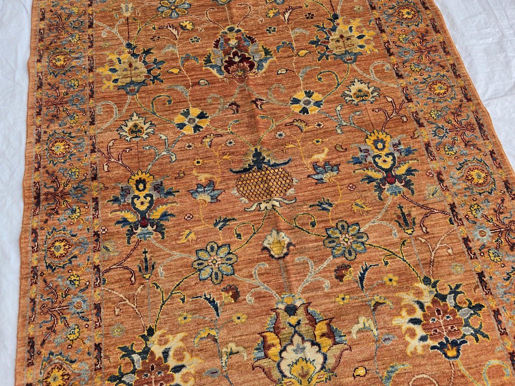 5x6ft Rust Floral Afghan Rug – Handmade Wool Oriental Carpet – Turkmen Botanical Design –Traditional Persian Style Area Rug, Living Room Rug