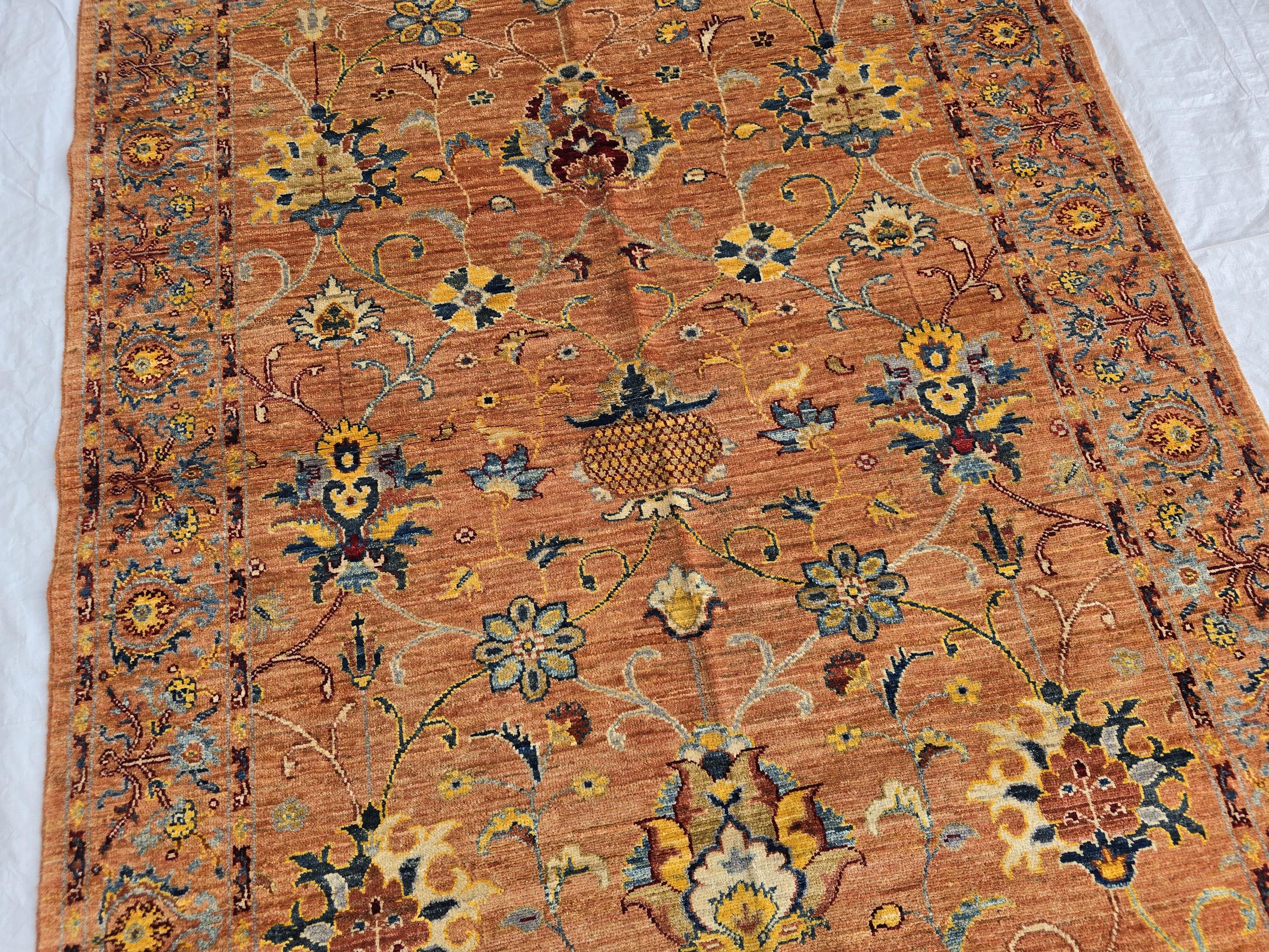 5x6ft Rust Floral Afghan Rug – Handmade Wool Oriental Carpet – Turkmen Botanical Design –Traditional Persian Style Area Rug, Living Room Rug