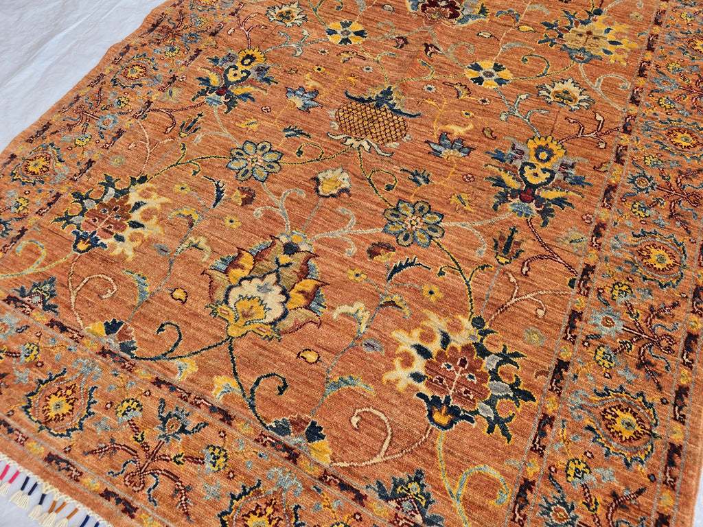 5x6ft Rust Floral Afghan Rug – Handmade Wool Oriental Carpet – Turkmen Botanical Design –Traditional Persian Style Area Rug, Living Room Rug