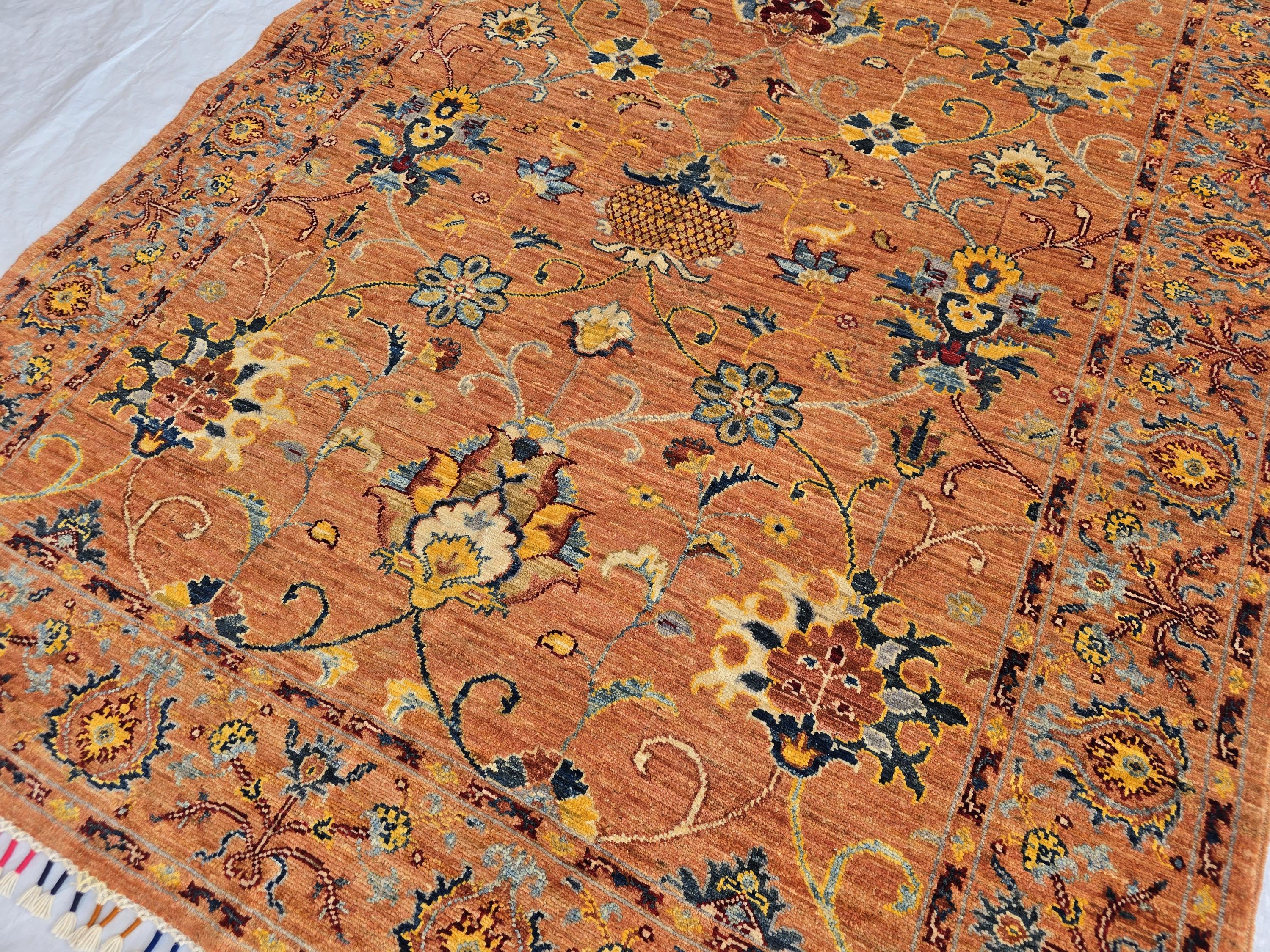 5x6ft Rust Floral Afghan Rug – Handmade Wool Oriental Carpet – Turkmen Botanical Design –Traditional Persian Style Area Rug, Living Room Rug