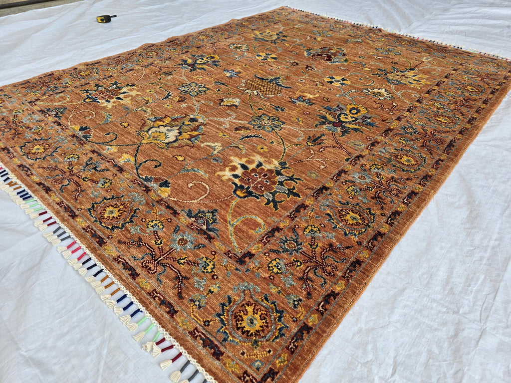 5x6ft Rust Floral Afghan Rug – Handmade Wool Oriental Carpet – Turkmen Botanical Design –Traditional Persian Style Area Rug, Living Room Rug