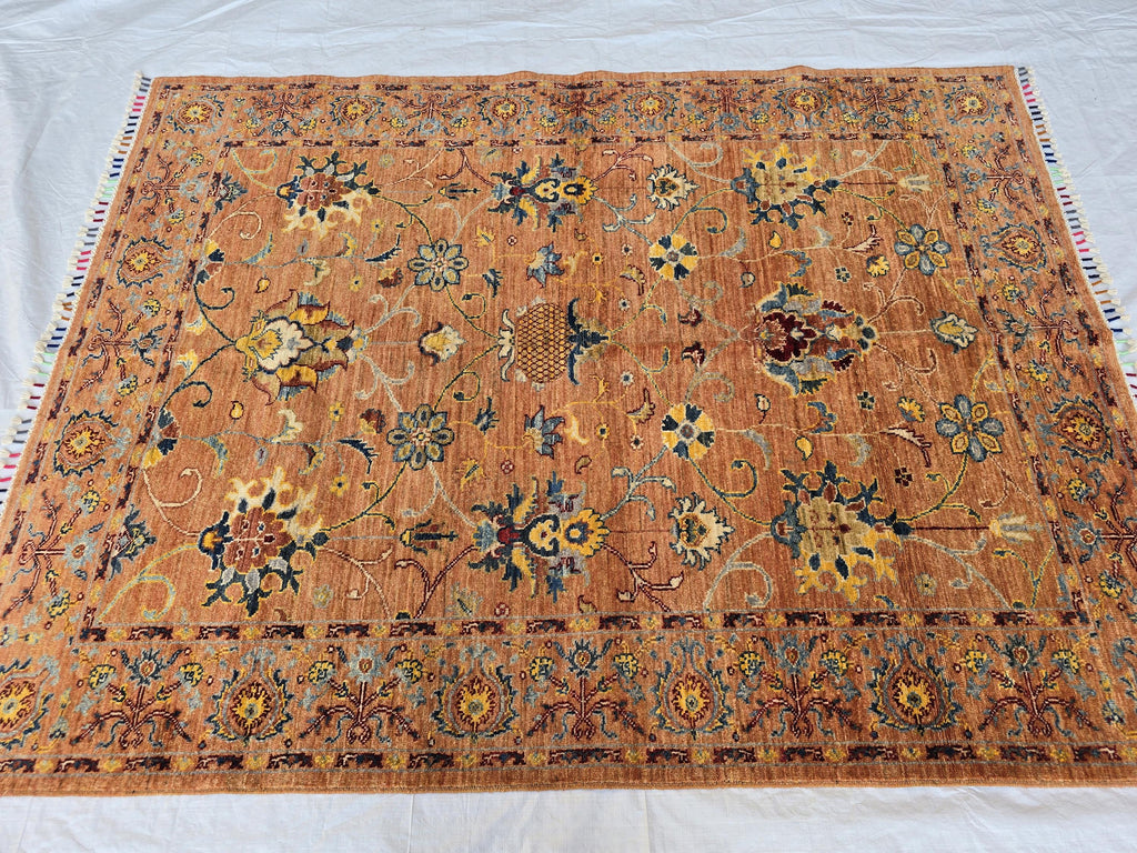 5x6ft Rust Floral Afghan Rug – Handmade Wool Oriental Carpet – Turkmen Botanical Design –Traditional Persian Style Area Rug, Living Room Rug