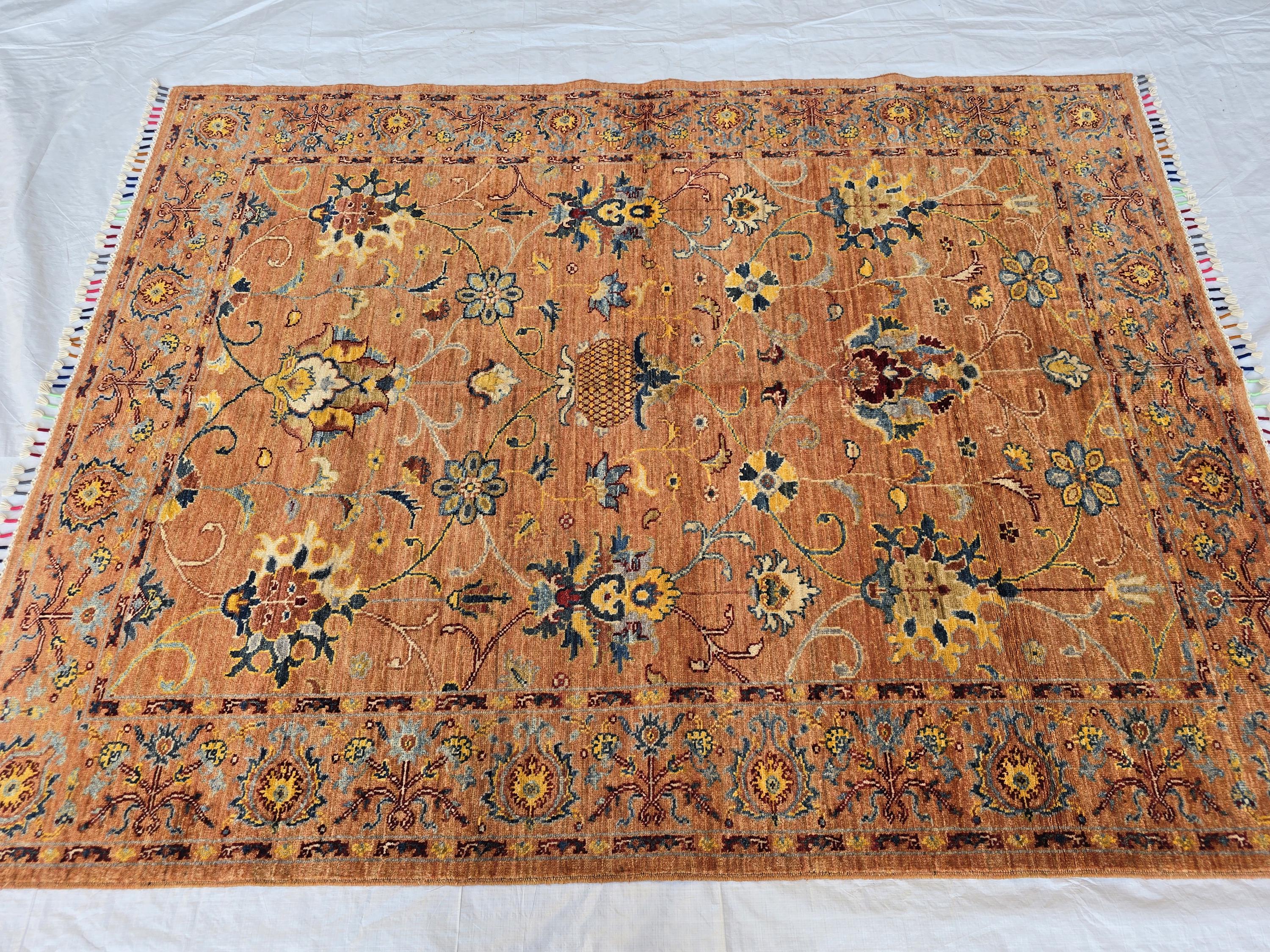 5x6ft Rust Floral Afghan Rug – Handmade Wool Oriental Carpet – Turkmen Botanical Design –Traditional Persian Style Area Rug, Living Room Rug