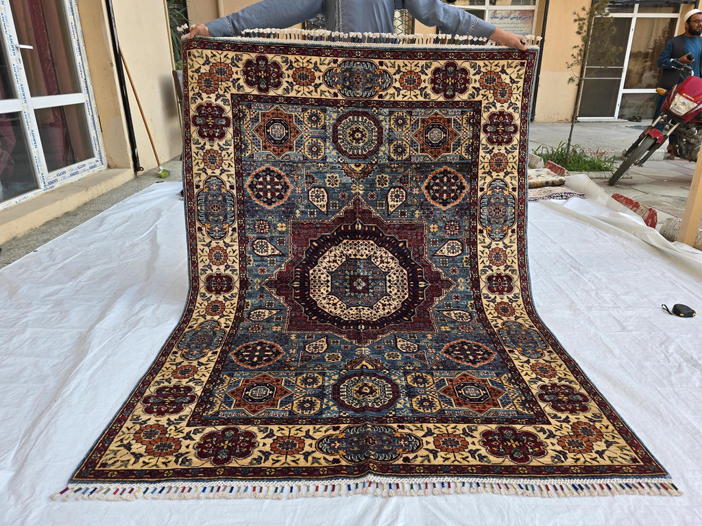 5x7ft Mamluk Blue Modern Rug – Handmade Wool Afghan Area Carpet – Traditional Geometric Oriental Design – Tribal Floor Rug, Living Room Rug