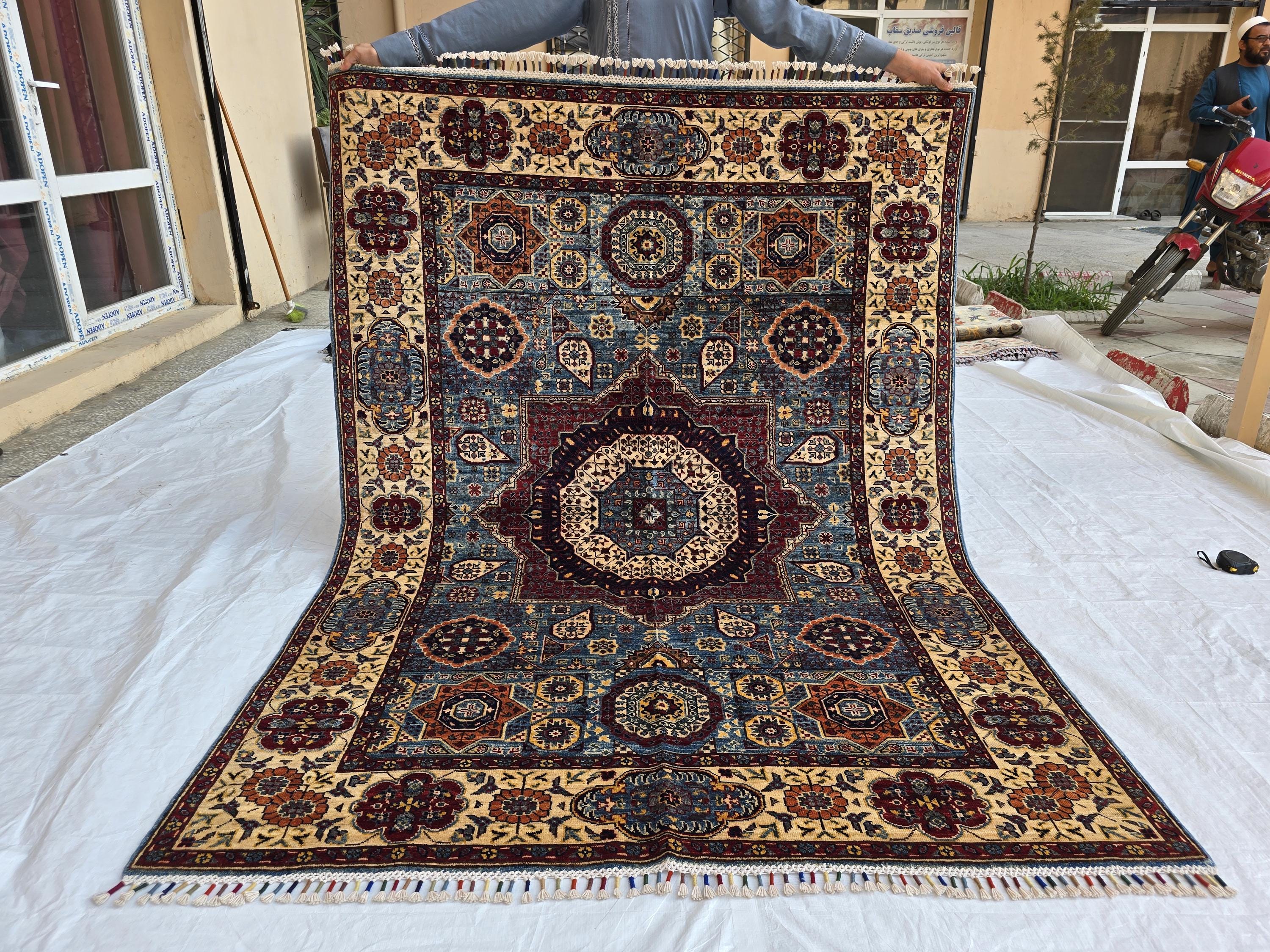5x7ft Mamluk Blue Modern Rug – Handmade Wool Afghan Area Carpet – Traditional Geometric Oriental Design – Tribal Floor Rug, Living Room Rug