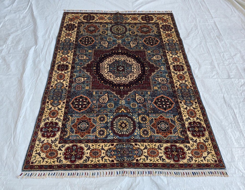 5x7ft Mamluk Blue Modern Rug – Handmade Wool Afghan Area Carpet – Traditional Geometric Oriental Design – Tribal Floor Rug, Living Room Rug