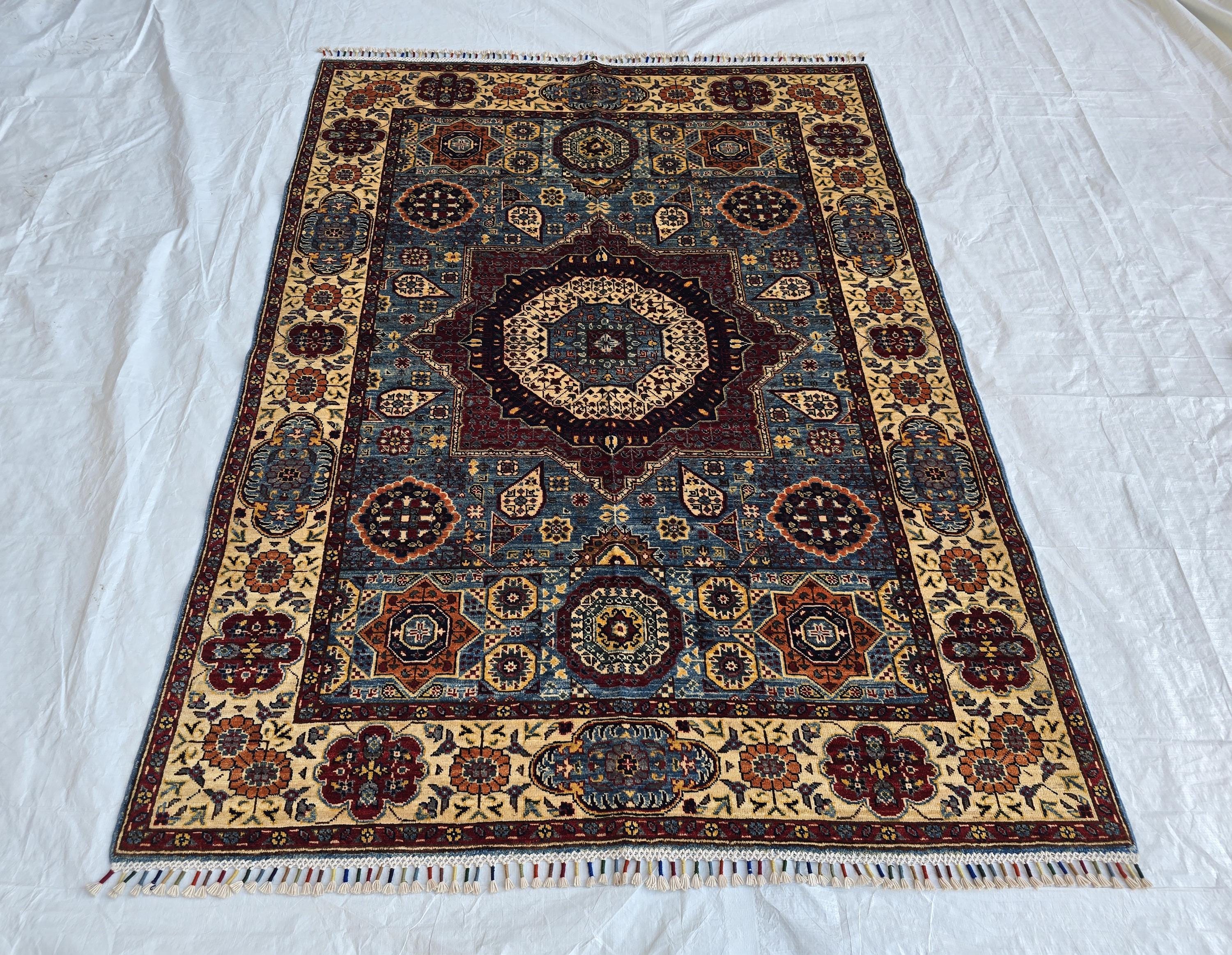 5x7ft Mamluk Blue Modern Rug – Handmade Wool Afghan Area Carpet – Traditional Geometric Oriental Design – Tribal Floor Rug, Living Room Rug