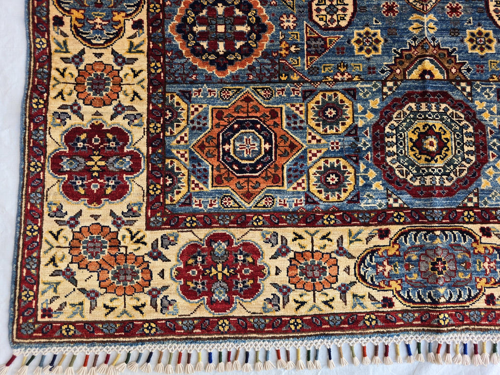 5x7ft Mamluk Blue Modern Rug – Handmade Wool Afghan Area Carpet – Traditional Geometric Oriental Design – Tribal Floor Rug, Living Room Rug