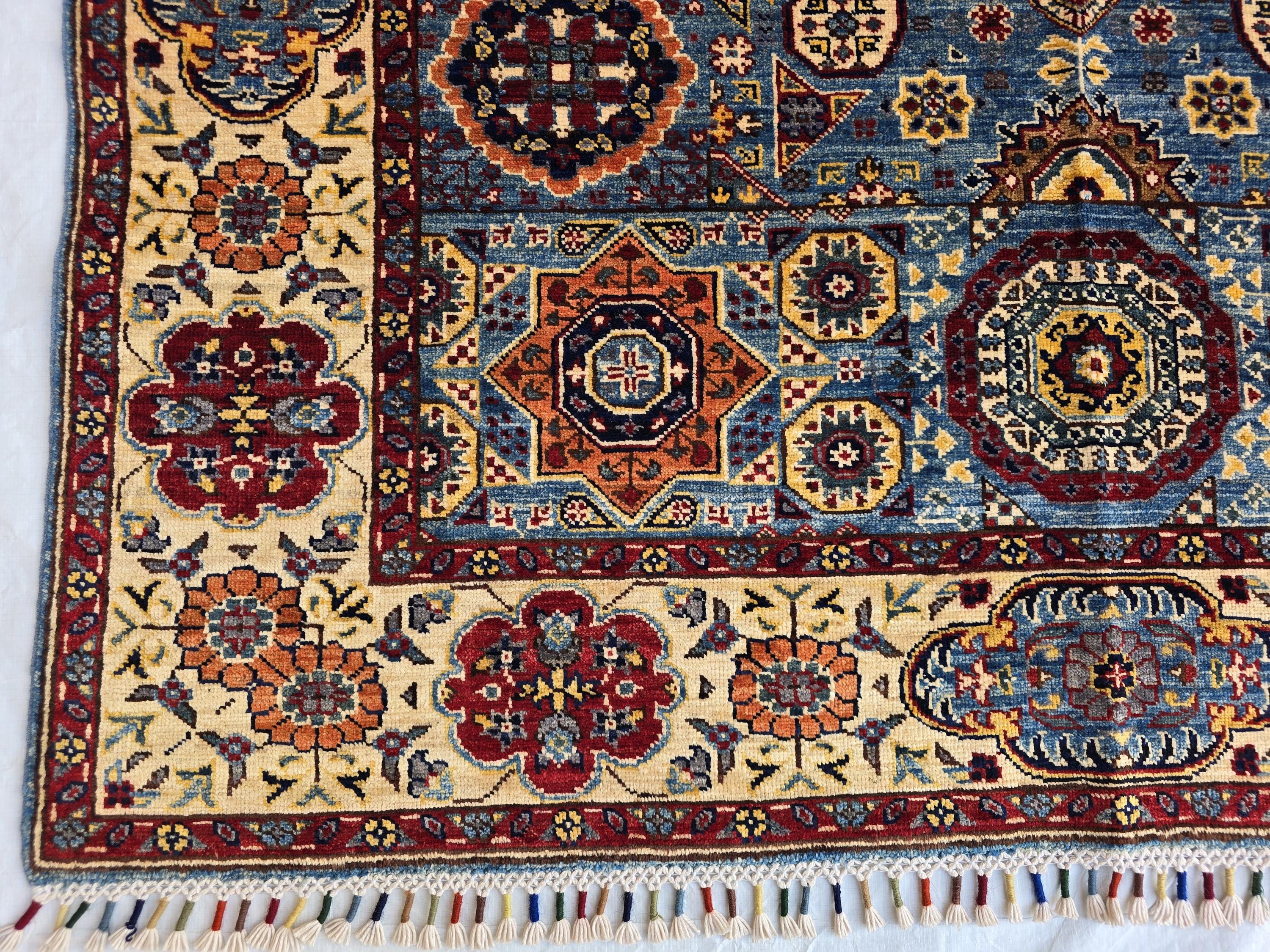 5x7ft Mamluk Blue Modern Rug – Handmade Wool Afghan Area Carpet – Traditional Geometric Oriental Design – Tribal Floor Rug, Living Room Rug