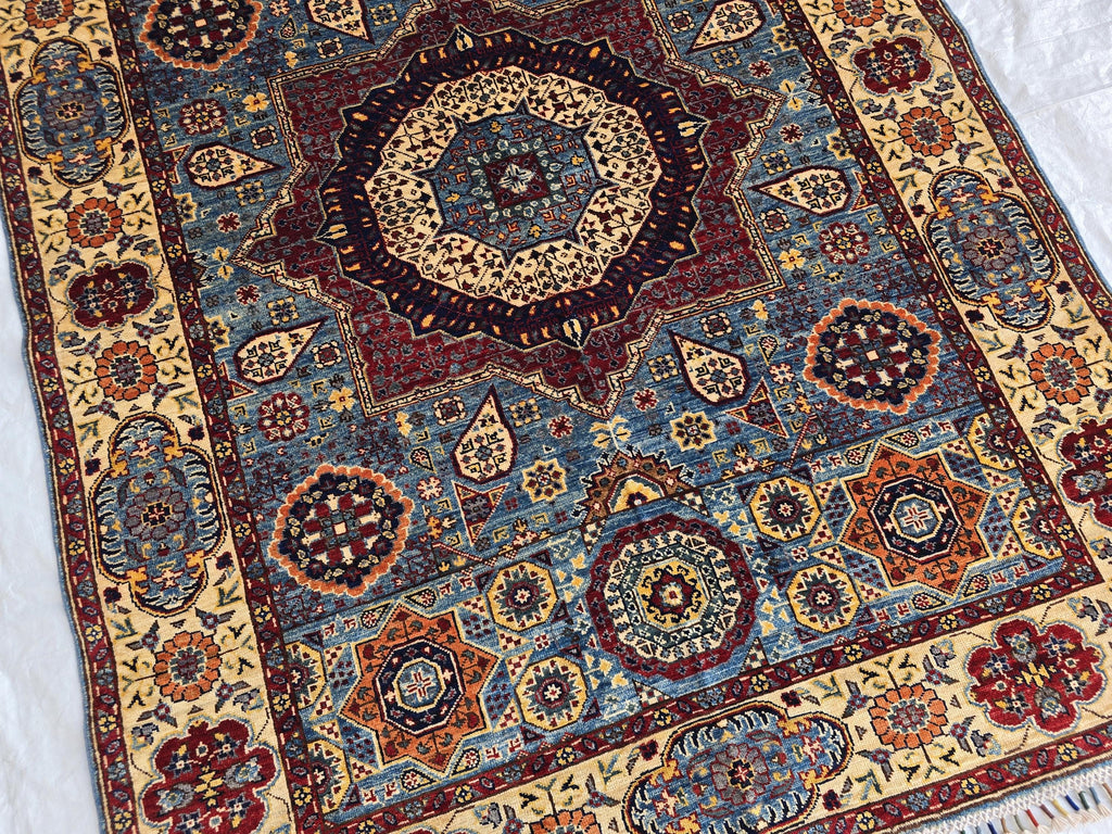 5x7ft Mamluk Blue Modern Rug – Handmade Wool Afghan Area Carpet – Traditional Geometric Oriental Design – Tribal Floor Rug, Living Room Rug
