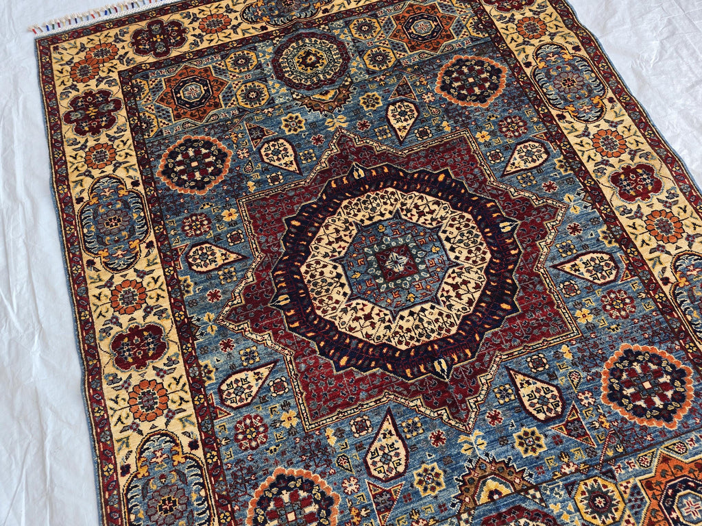 5x7ft Mamluk Blue Modern Rug – Handmade Wool Afghan Area Carpet – Traditional Geometric Oriental Design – Tribal Floor Rug, Living Room Rug