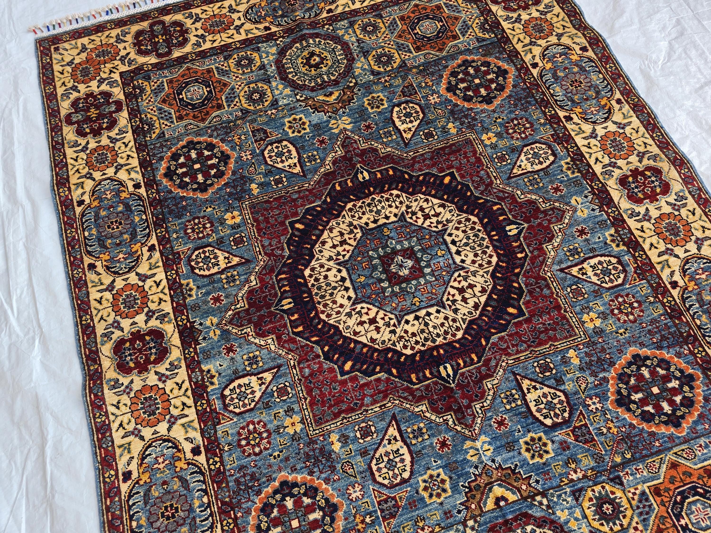 5x7ft Mamluk Blue Modern Rug – Handmade Wool Afghan Area Carpet – Traditional Geometric Oriental Design – Tribal Floor Rug, Living Room Rug