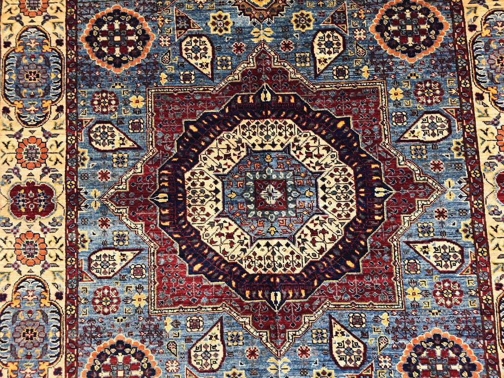 5x7ft Mamluk Blue Modern Rug – Handmade Wool Afghan Area Carpet – Traditional Geometric Oriental Design – Tribal Floor Rug, Living Room Rug