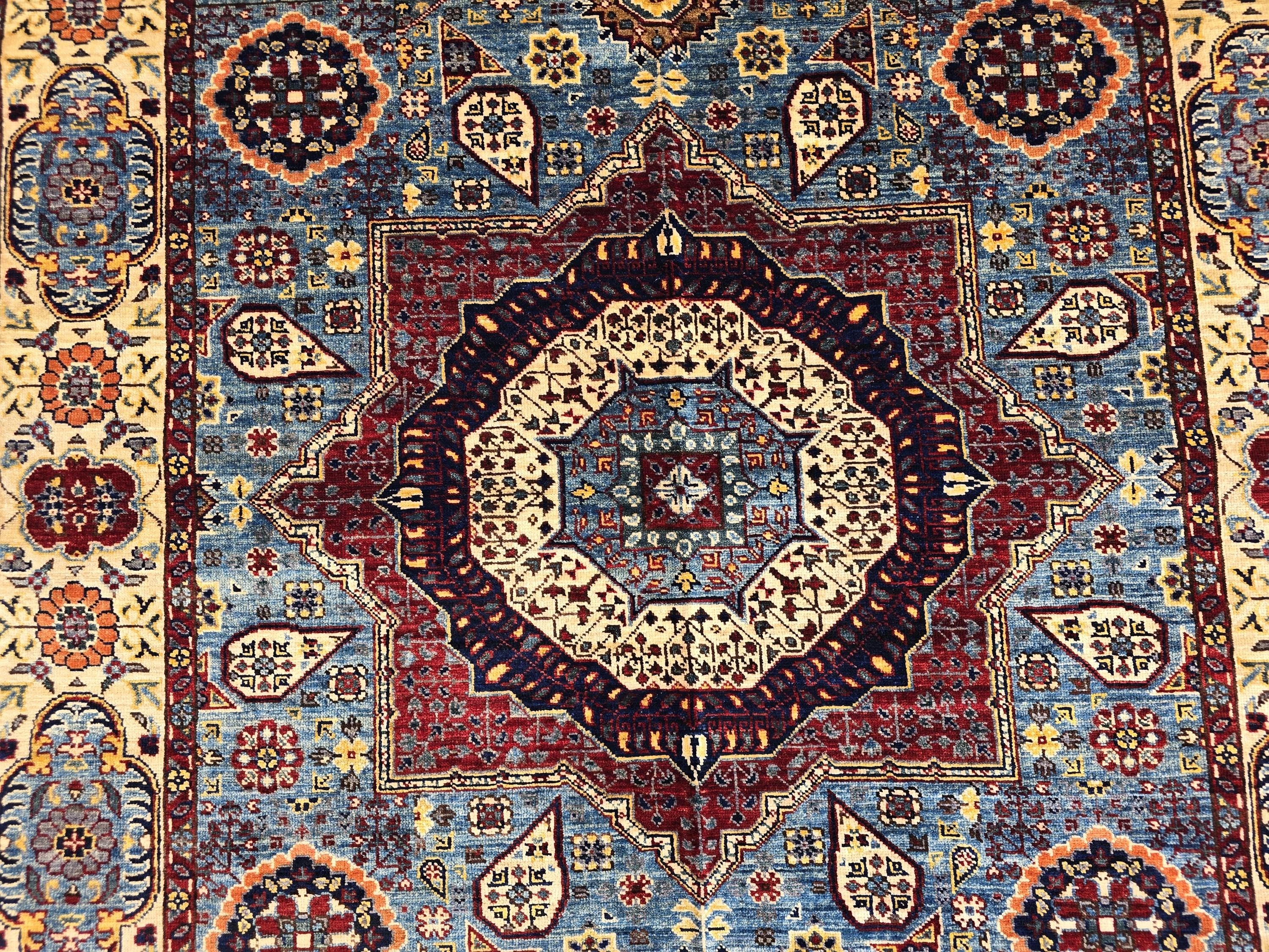 5x7ft Mamluk Blue Modern Rug – Handmade Wool Afghan Area Carpet – Traditional Geometric Oriental Design – Tribal Floor Rug, Living Room Rug