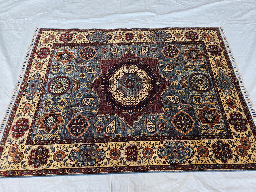 5x7ft Mamluk Blue Modern Rug – Handmade Wool Afghan Area Carpet – Traditional Geometric Oriental Design – Tribal Floor Rug, Living Room Rug