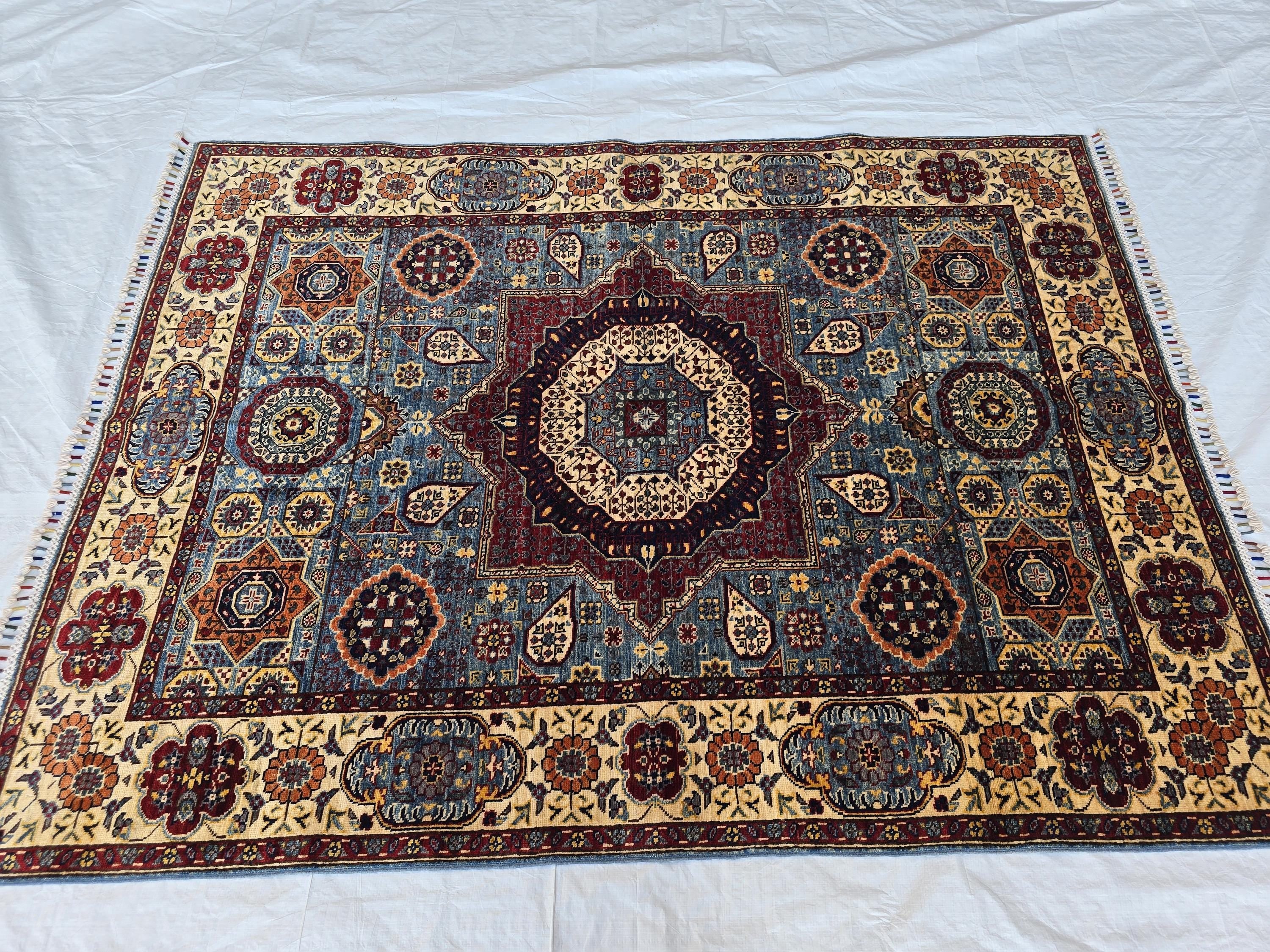 5x7ft Mamluk Blue Modern Rug – Handmade Wool Afghan Area Carpet – Traditional Geometric Oriental Design – Tribal Floor Rug, Living Room Rug