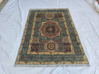 5x7ft Green Mamluk Rug – Handmade Wool Afghan Area Carpet – Traditional Geometric Oriental Design – Tribal Floor Rug, Living Room Rug