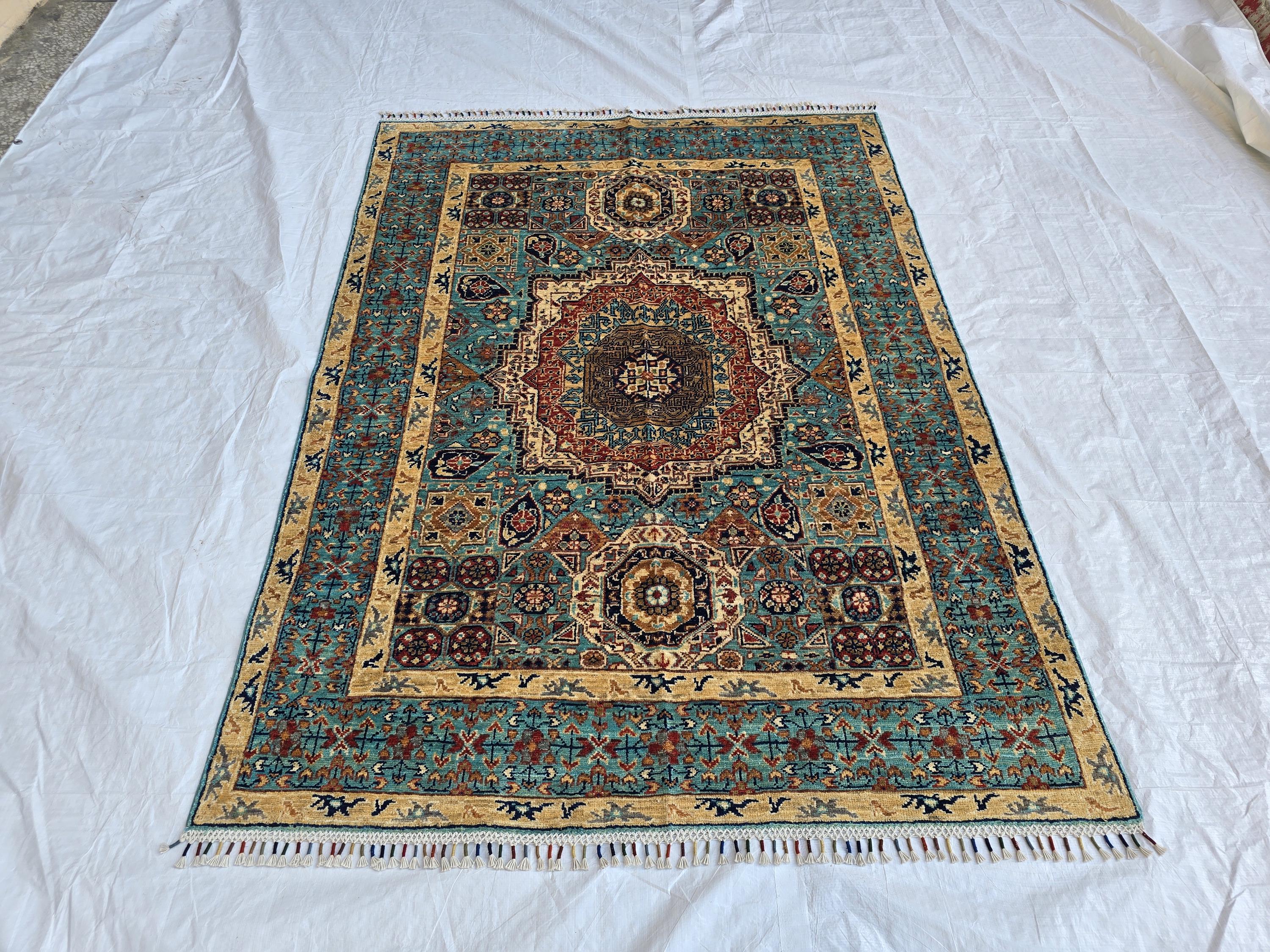 5x7ft Green Mamluk Rug – Handmade Wool Afghan Area Carpet – Traditional Geometric Oriental Design – Tribal Floor Rug, Living Room Rug