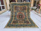 5x7ft Green Mamluk Rug – Handmade Wool Afghan Area Carpet – Traditional Geometric Oriental Design – Tribal Floor Rug, Living Room Rug