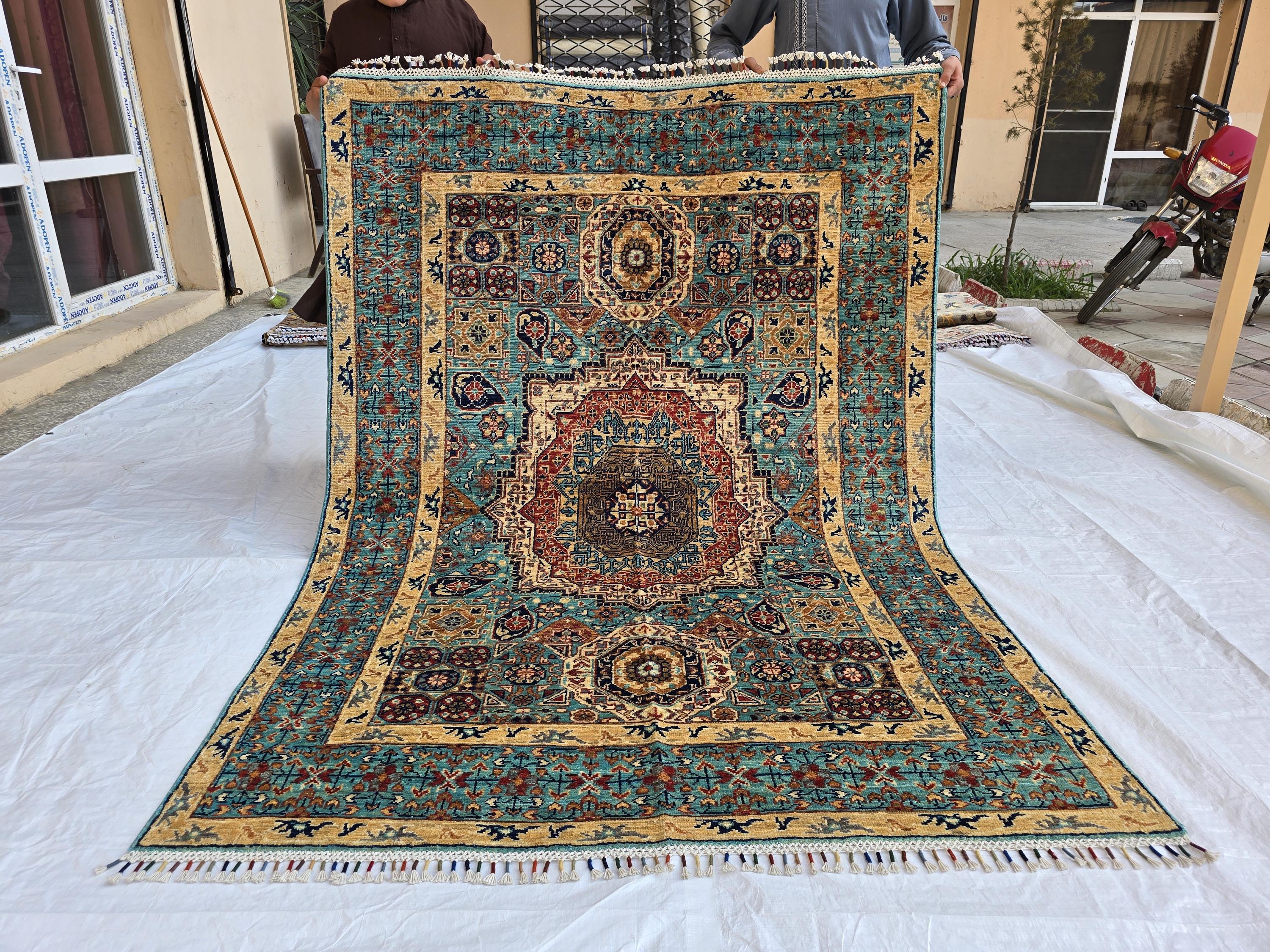 5x7ft Green Mamluk Rug – Handmade Wool Afghan Area Carpet – Traditional Geometric Oriental Design – Tribal Floor Rug, Living Room Rug