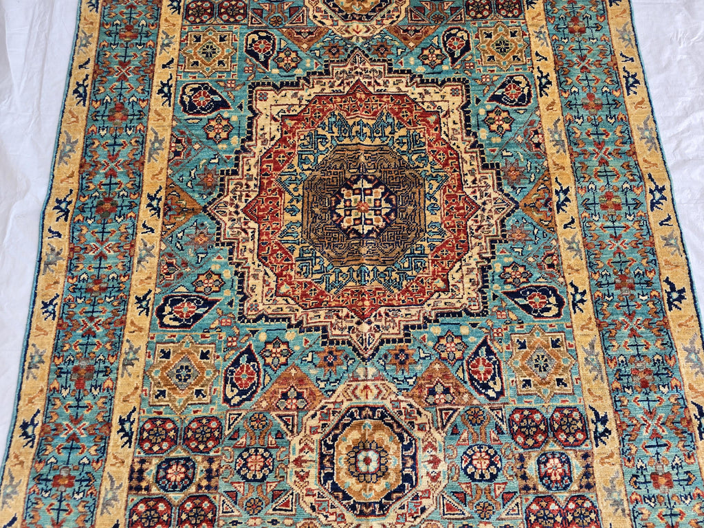 5x7ft Green Mamluk Rug – Handmade Wool Afghan Area Carpet – Traditional Geometric Oriental Design – Tribal Floor Rug, Living Room Rug