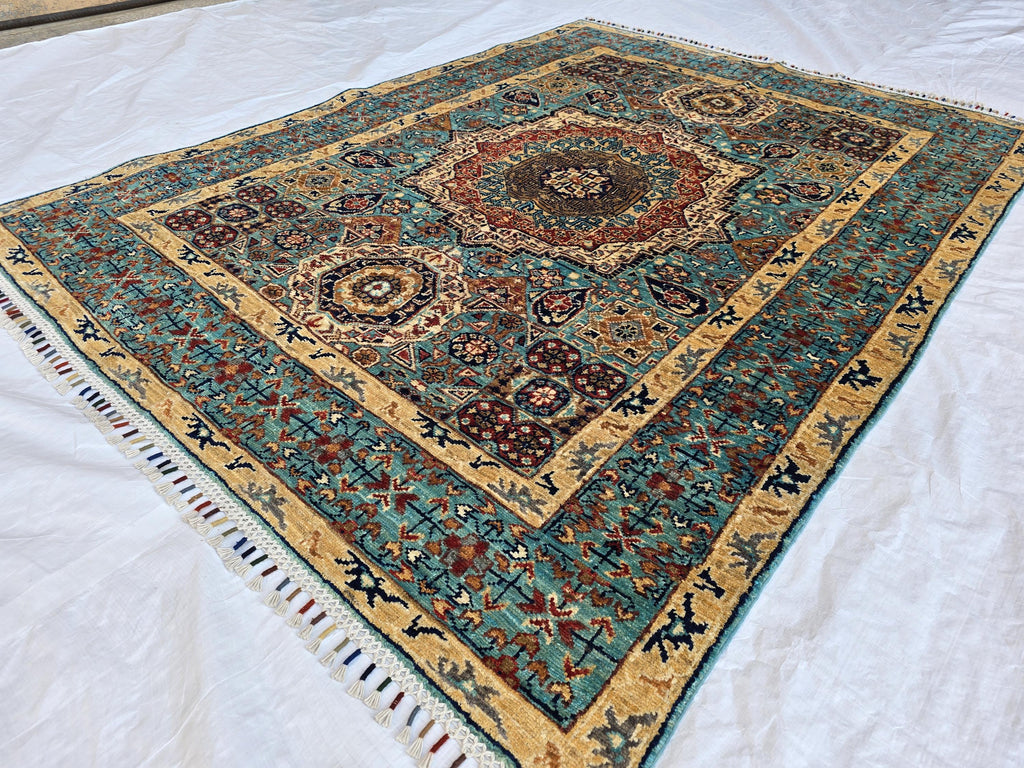 5x7ft Green Mamluk Rug – Handmade Wool Afghan Area Carpet – Traditional Geometric Oriental Design – Tribal Floor Rug, Living Room Rug